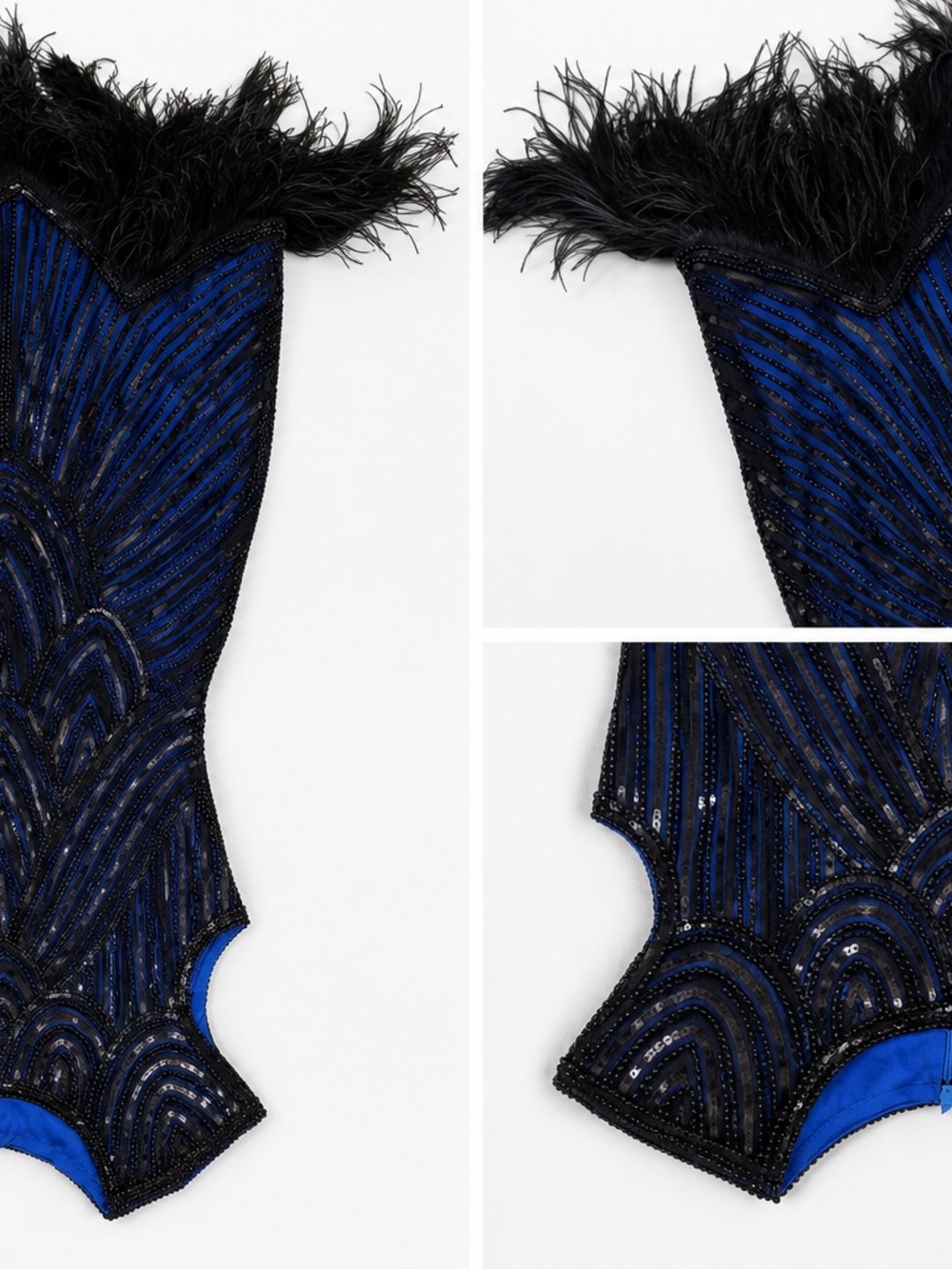 Black Feather Trim & Navy Beaded Flapper Dress